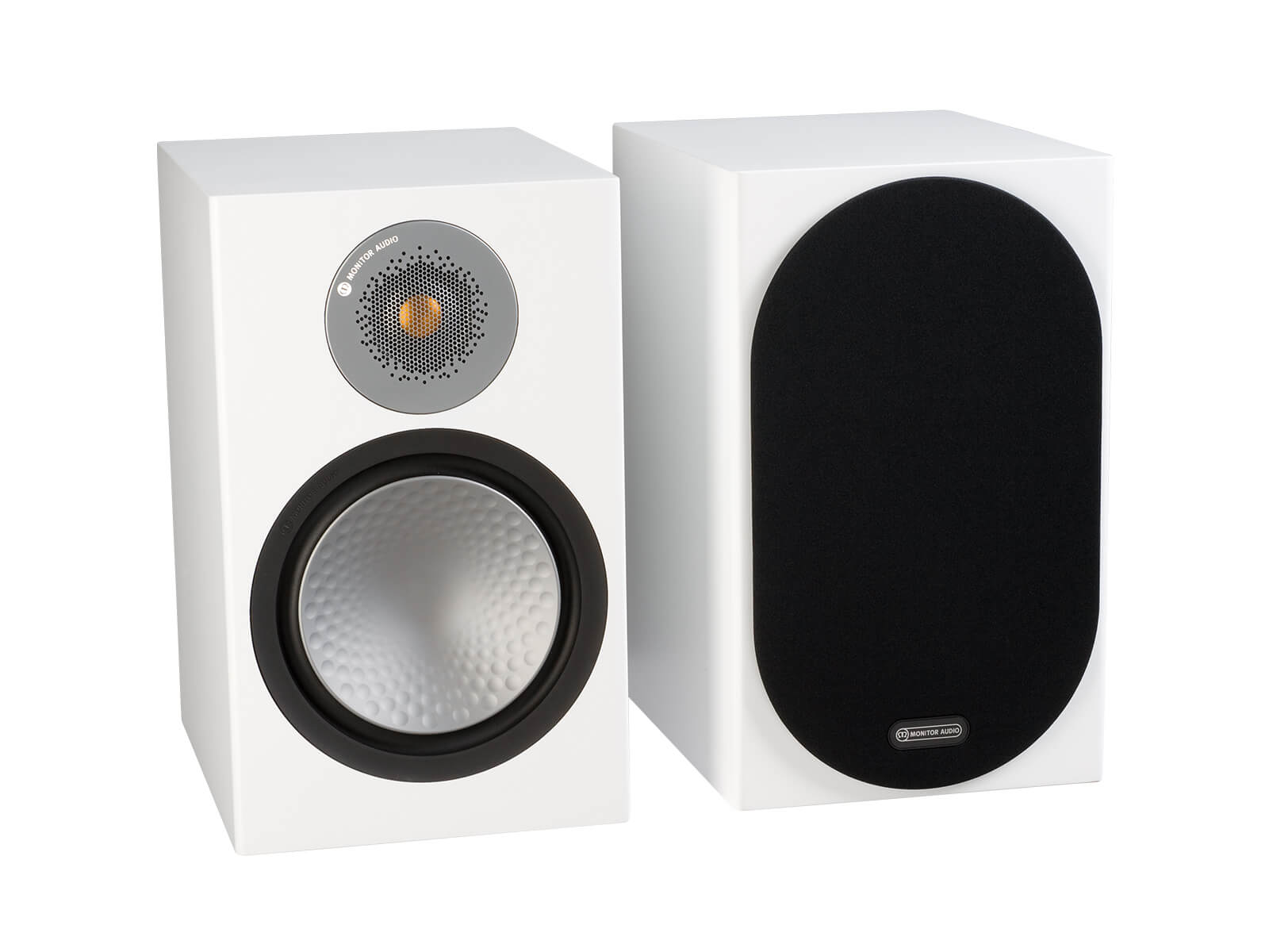 Silver 100, bookshelf speakers, with and without grille in a satin white finish.