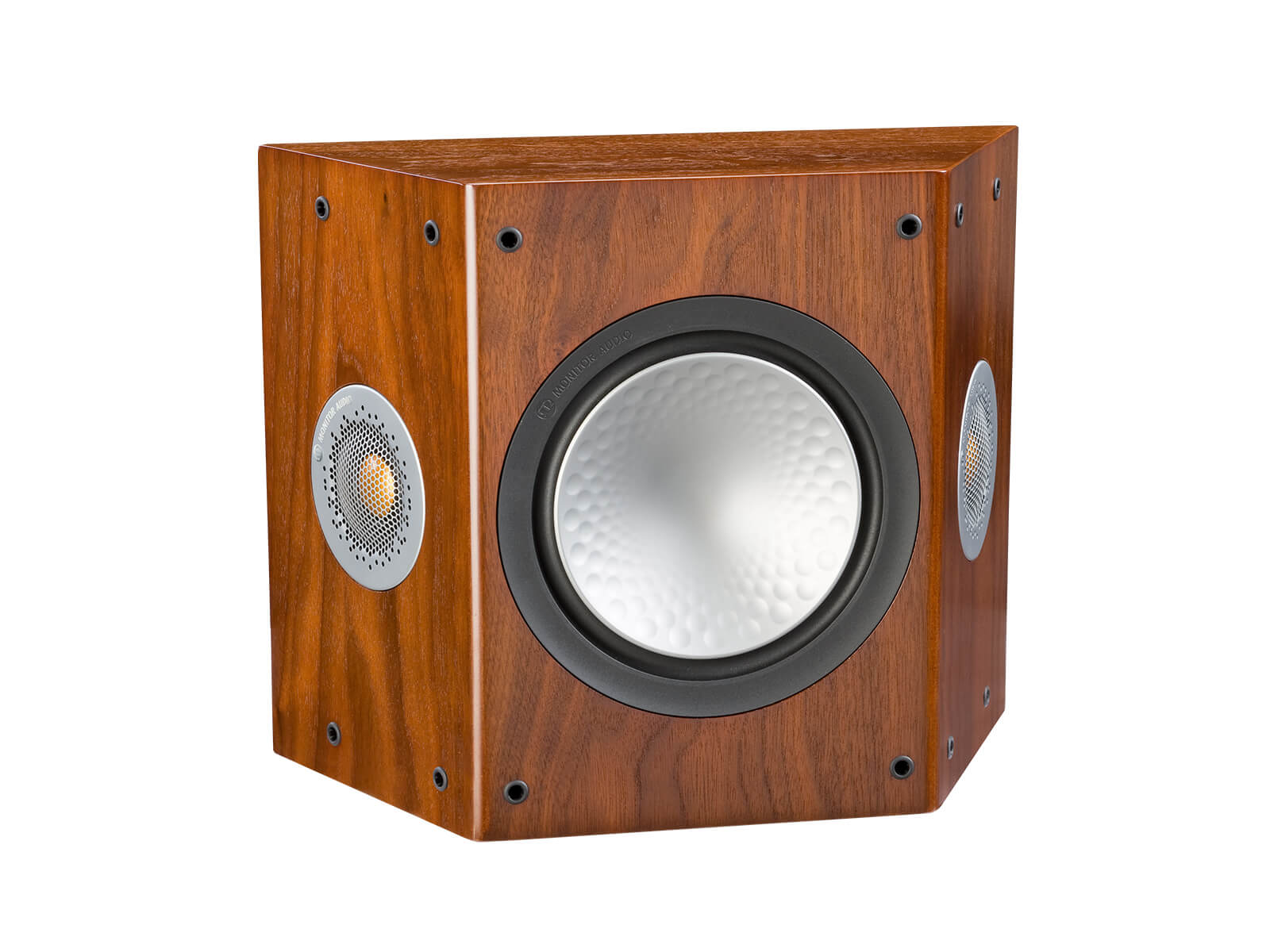 Silver FX, grille-less surround speakers, with a walnut finish.