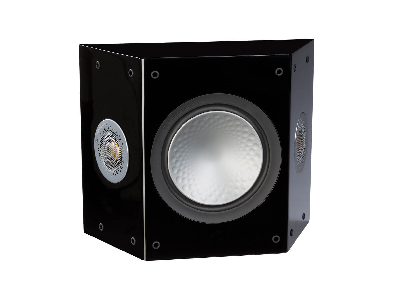Silver FX, grille-less surround speakers, with a high gloss black finish.