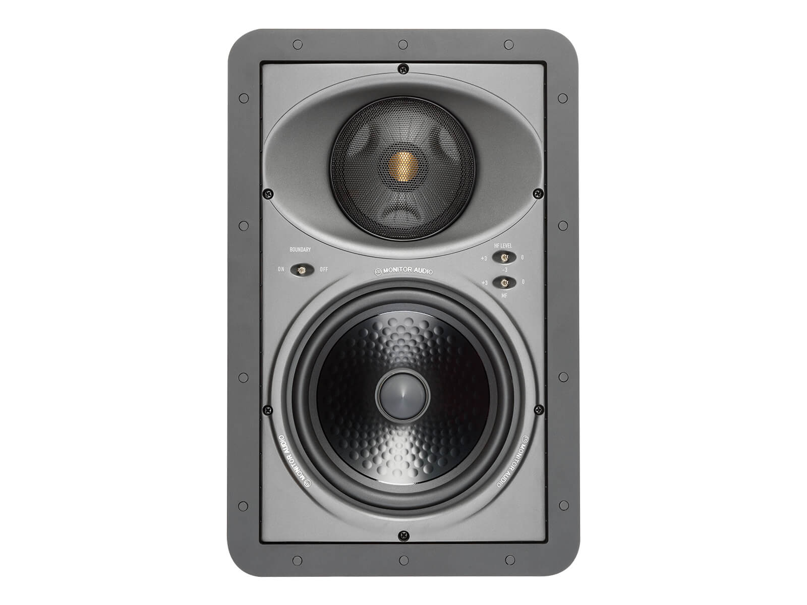 Core W380-IDC, front-on, grille-less in-wall speakers.
