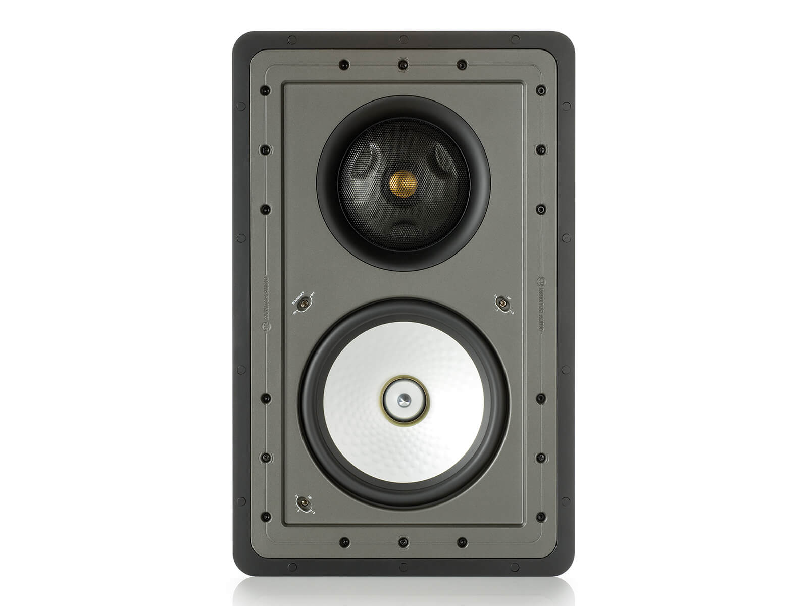 Controlled Performance CP-WT380IDC, front-on, grille-less in-wall speakers.