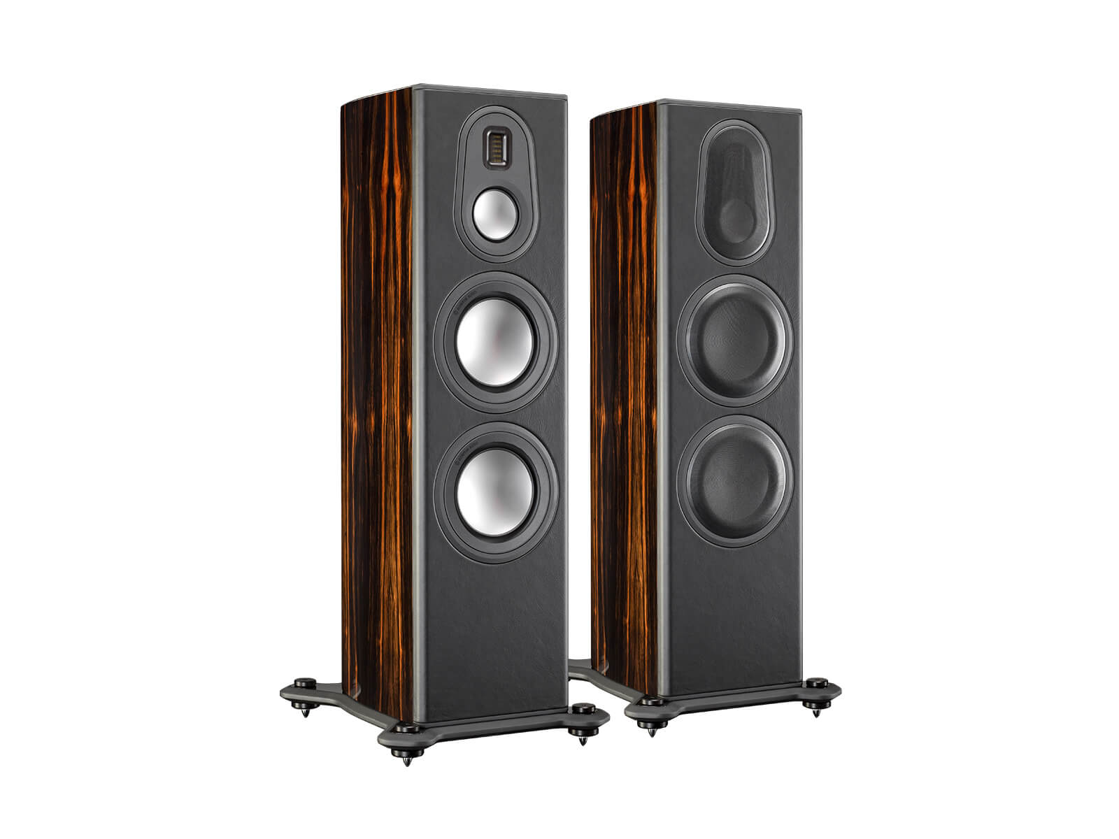 Platinum PL300 II, grille-less floorstanding speakers, with a piano black lacquer finish.