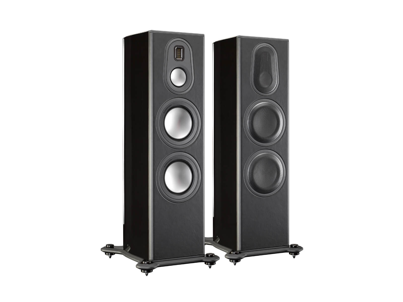Platinum PL300 II, floorstanding speakers, featuring a grille and a piano black lacquer finish.