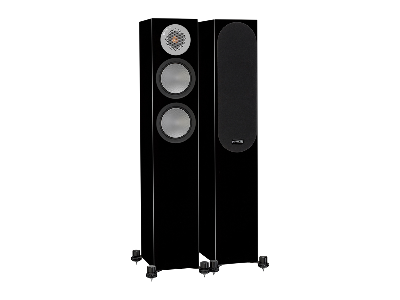 Silver 200, floorstanding speakers, with and without grille in a high gloss black finish.