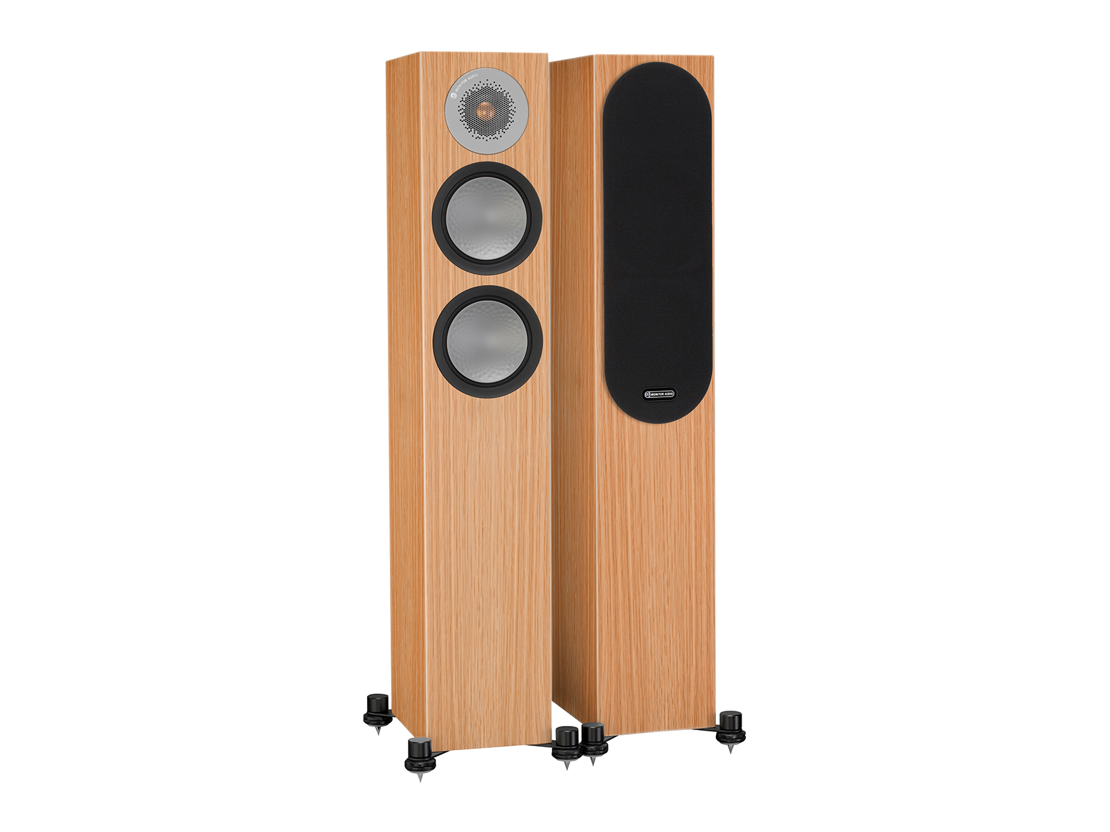 Silver 200, floorstanding speakers, with and without grille in a natural oak finish.