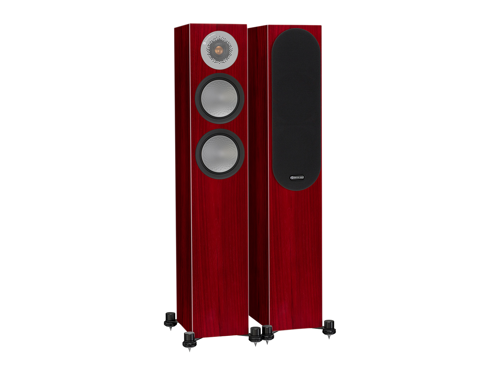 Silver 200, floorstanding speakers, with and without grille in a rosenut finish.