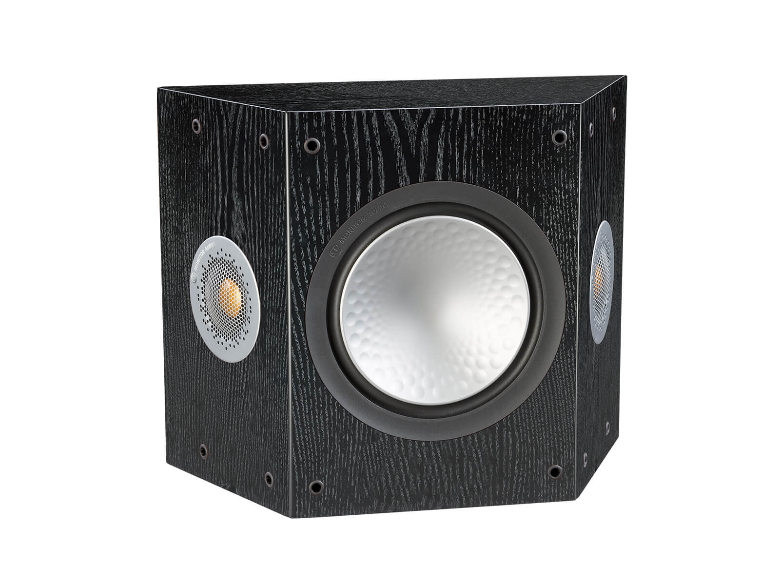 Silver FX, grille-less surround speakers, with a black oak finish.