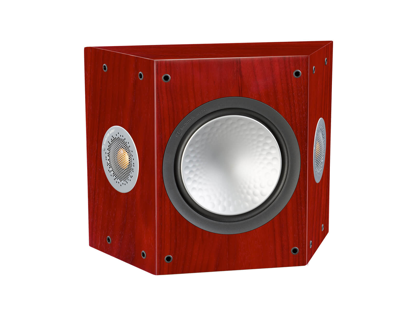 Silver FX, grille-less surround speakers, with a rosenut finish.