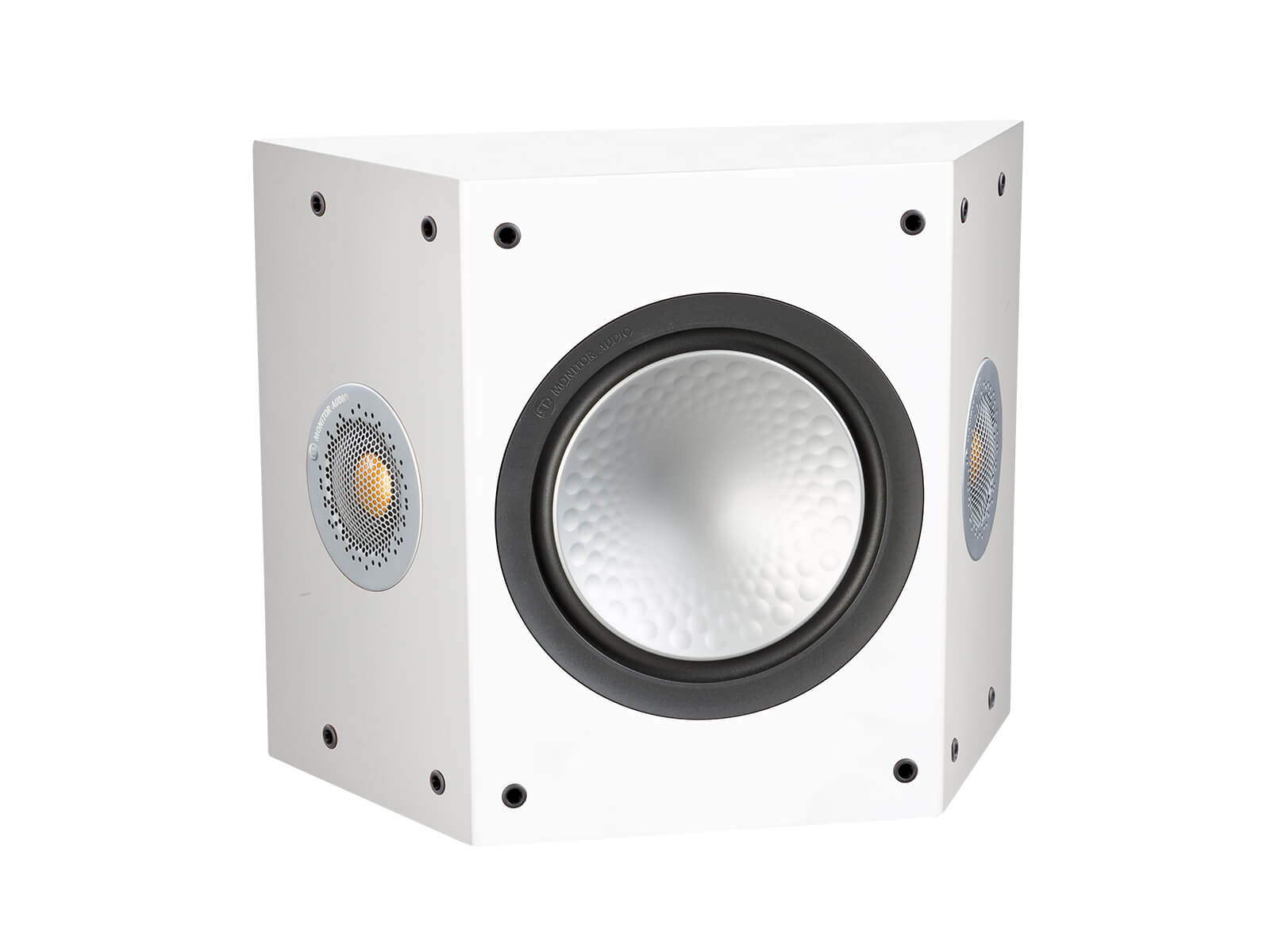 Silver FX, grille-less surround speakers, with a satin white finish.